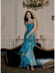 Vintage Mermaid Spaghetti Straps Sleeveless Blue Long Prom Dresses Evening Dress HZ1024