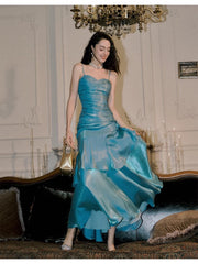Vintage Mermaid Spaghetti Straps Sleeveless Blue Long Prom Dresses Evening Dress HZ1024