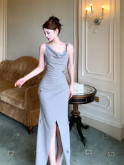Pretty Mermaid Straps Gray Satin Slit Long Prom Dresses Evening Dress HZ1024