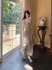 Sexy Sheath Spaghetti Straps Champagne Ankle Length Prom Dresses Evening Dress HZ1024