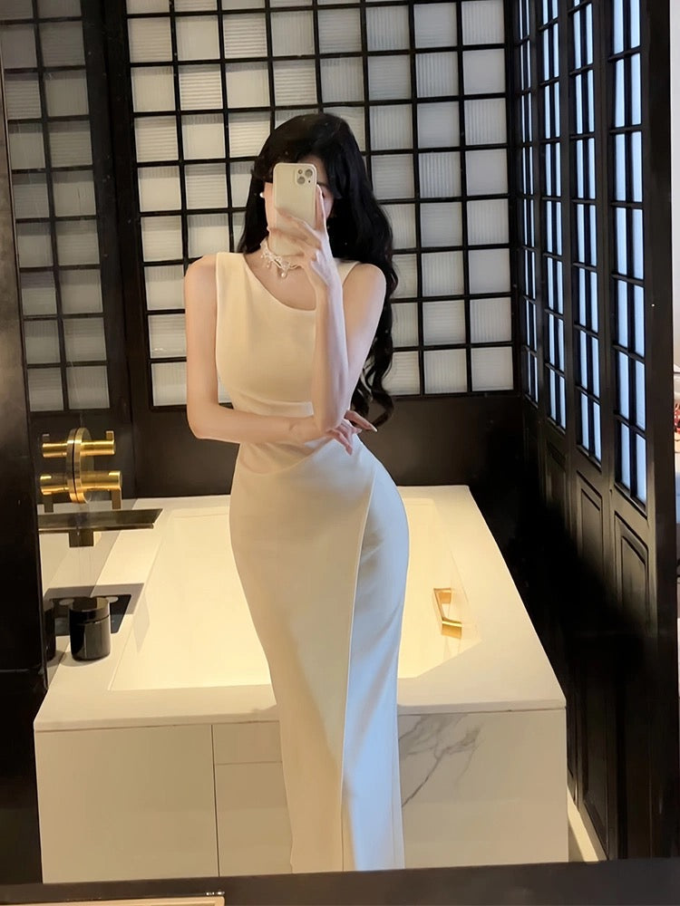 Sexy Sheath Ivory Satin Slit Ankle Length Prom Dresses Evening Dress HZ1024