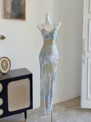 French Sheath Spaghetti Straps Floral Long Prom Dresses Evening Dress HZ1024