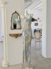 French Sheath Spaghetti Straps Floral Long Prom Dresses Evening Dress HZ1024