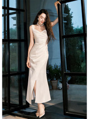 Classy Sheath Straps Sleeveless Ivory Satin Knee Length Prom Dresses Evening Dress HZ1024