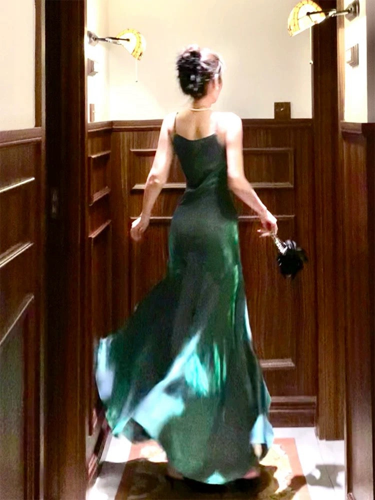 Vintage Sheath Spaghetti Straps Sleeveless Green Long Prom Dresses Evening Dress HZ1024