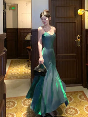 Vintage Sheath Spaghetti Straps Sleeveless Green Long Prom Dresses Evening Dress HZ1024