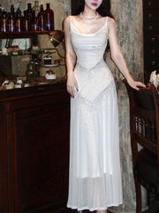 Vintage Sheath Spaghetti Straps Sleeveless White Long Prom Dresses With Silver Beads Evening Dress HZ1024