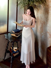 Vintage Sheath Spaghetti Straps Sleeveless White Long Prom Dresses With Silver Beads Evening Dress HZ1024