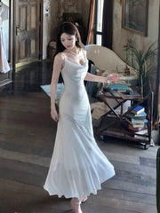 Vintage Sheath Spaghetti Straps Sleeveless White Long Prom Dresses With Silver Beads Evening Dress HZ1024