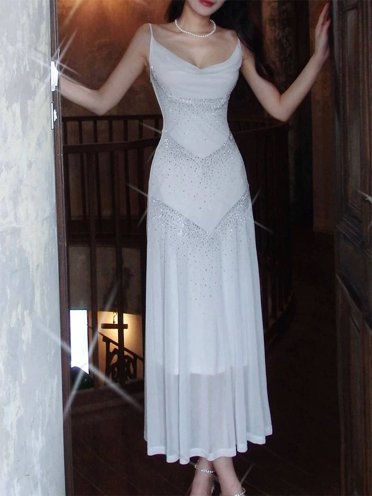 Vintage Sheath Spaghetti Straps Sleeveless White Long Prom Dresses With Silver Beads Evening Dress HZ1024
