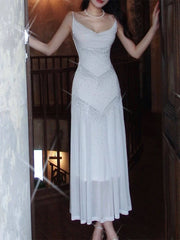 Vintage Sheath Spaghetti Straps Sleeveless White Long Prom Dresses With Silver Beads Evening Dress HZ1024