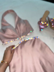 Vintage Sheath Halter Sleeveless Pink Long Prom Dresses With Silver Beads Evening Dress HZ1024