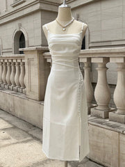 Classy A Line Spaghetti Straps Ivory Chiffon Tea Length Prom Dresses Evening Dress With Split HZ1024