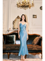 Vintage Sheath Spaghetti Straps Sleeveless Ice Blue Prom Dresses Evening Dress HZ1024