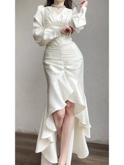 Classy High Low V Neckline Ankle Length White Prom Dresses Evening Dress HZ1024