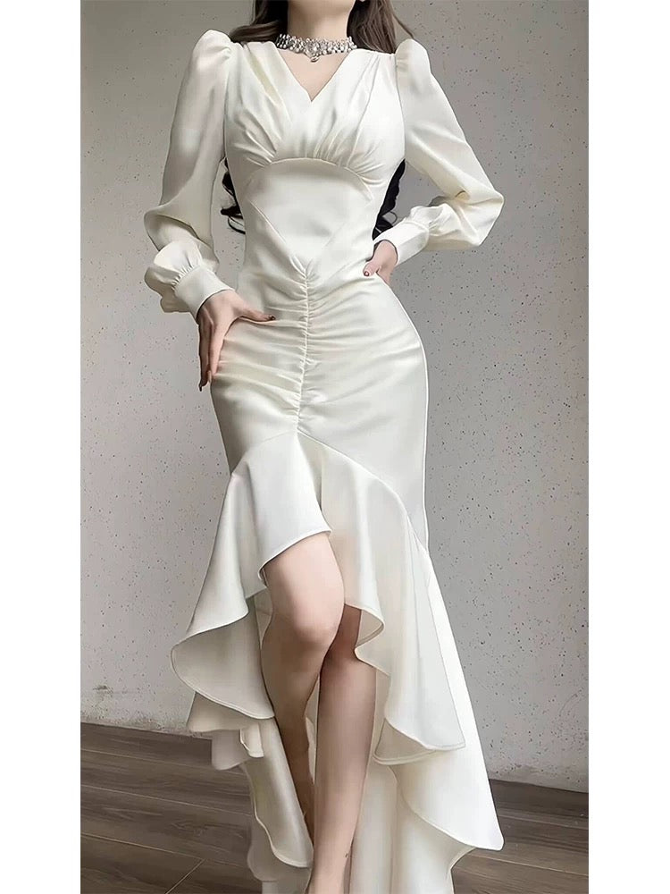 Classy High Low V Neckline Ankle Length White Prom Dresses Evening Dress HZ1024