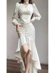 Classy High Low V Neckline Ankle Length White Prom Dresses Evening Dress HZ1024