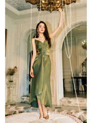 Vintage Sheath Spaghetti Straps Sleeveless Olive Green Prom Dresses Evening Dress HZ1024