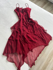 Sexy High Low Spaghetti Straps Sleeveless Burgundy Chiffon Prom Dresses Evening Gowns HZ1024