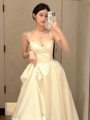Sexy Ball Gown Spaghetti Straps White Satin Ankle Length Prom Dresses Evening Gowns HZ1024