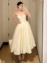 Sexy Ball Gown Spaghetti Straps White Satin Ankle Length Prom Dresses Evening Gowns HZ1024
