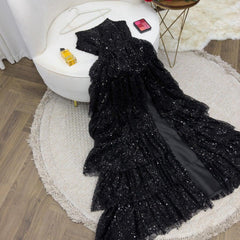 Modest Ball Gown Strapless Black Sequin Floor Length Slit Prom Dresses Evening Gowns HZ1024
