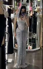 Pretty Mermaid Square Neckline Sequin Silver Long Prom Dresses Glitter Evening Dress HZ1024