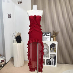 Pretty High Low Strapless Chiffon Long Prom Dresses Burgundy Evening Dress HZ1024