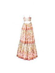 Pretty A line Spaghetti Straps Pink Floral Ruffles Backless Long Prom Dresses Evening Dress HZ1024