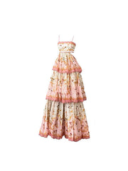Pretty A line Spaghetti Straps Pink Floral Ruffles Backless Long Prom Dresses Evening Dress HZ1024