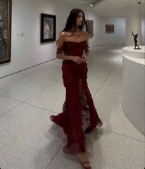 Sexy Sheath Strapless Red Chiffon Floor Length Prom Dresses Evening Dress HZ1024
