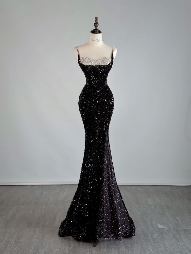 Sexy Mermaid Spaghetti Straps Black Sequin Floor Length Prom Dresses Evening Dress HZ1024