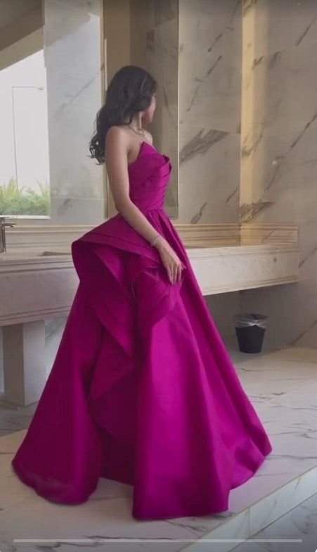 Fancy Ball Gown Strapless Hot Pink Long Prom Dresses Evening Dress HZ1024