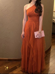 Fancy A line One Shoulder Rust Orange Tulle Long Prom Dresses Ruffles Evening Dress HZ1024