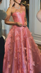 Classy A Line Sweetheart Light Pink Satin Long Prom Dresses Evening Dress With Beads Flowers HZ1024