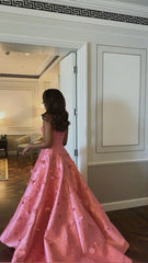 Classy A Line Sweetheart Light Pink Satin Long Prom Dresses Evening Dress With Beads Flowers HZ1024