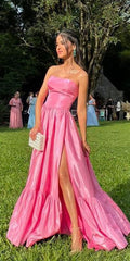 Classy A line Strapless Satin Long Prom Dresses Evening Dress HZ1024