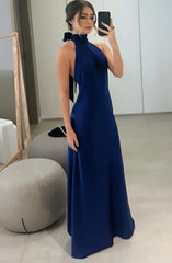 Classy A line High Neckline Streachable Satin Navy Blue Long Prom Dresses Evening Dress HZ1024
