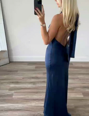 Classy A line High Neckline Streachable Satin Navy Blue Long Prom Dresses Evening Dress HZ1024