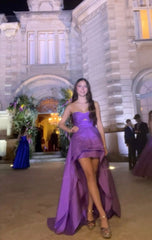 Cute High Low Strapless Light Grape Satin Prom Dresses Evening Dress With Layers HZ1024
