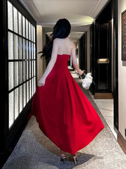 Pretty A line Straps Red Long Satin Prom Dresses Formal Evening Dress HZ1024