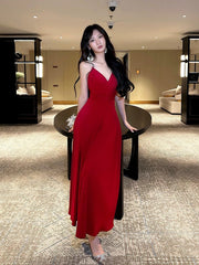 Pretty A line Straps Red Long Satin Prom Dresses Formal Evening Dress HZ1024