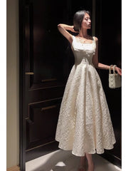 Pretty A line Square Neckline White Satin Prom Dresses Formal Evening Dress HZ1024