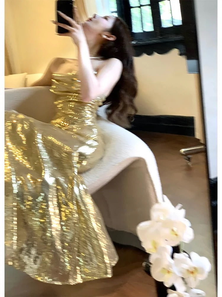 Gorgeous Sheath Spaghetti Straps Gold Sequin Slit Prom Dresses Evening Dress HZ1024