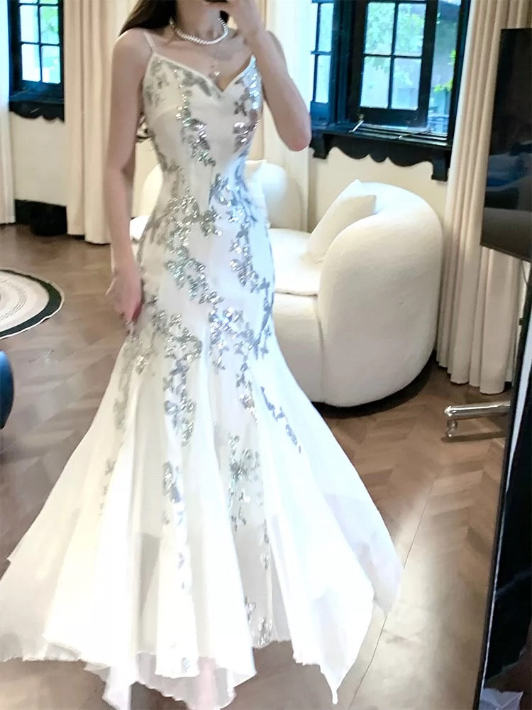 Gorgeous Mermaid Spaghetti Straps White Long Sequin Prom Dresses Evening Dress HZ1024
