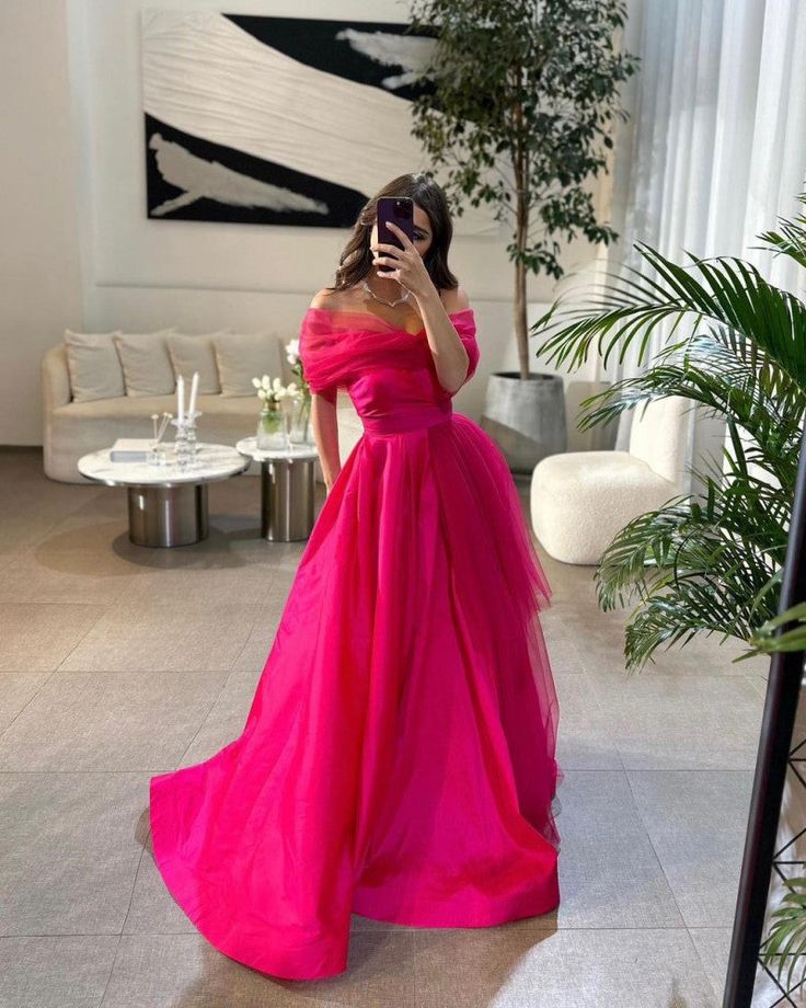 Fancy Off the Shoulder Hot Pink A-Line Evening Prom Dress HZ1024