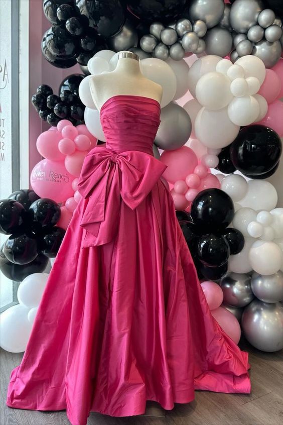 Fancy Hot Pink Strapless Satin Long Prom Dress Tiered Evening Formal Gown With Bowknot HZ1024