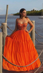 Pretty A line Spaghetti Straps Orange Lace Layers Prom Dresses Formal Evening Dress HZ1024