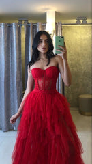 Pretty A line Strapless Red Ruffles Layers Tulle Prom Dresses Formal Evening Dress HZ1024
