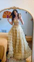 Gorgeous Ball Gown Strapless Tulle Gold Layers Long Prom Dresses Formal Evening Dress HZ1024